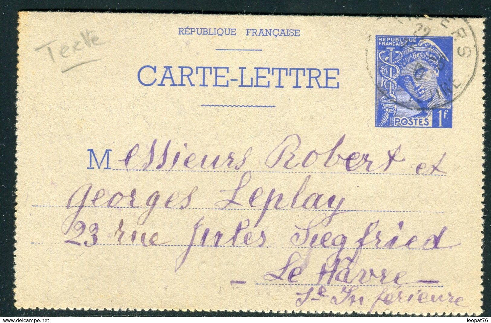 France - Entier Postal Type Mercure De Angers Pour Le Havre En 1940 - Ref JJ 58 - Cartes-lettres