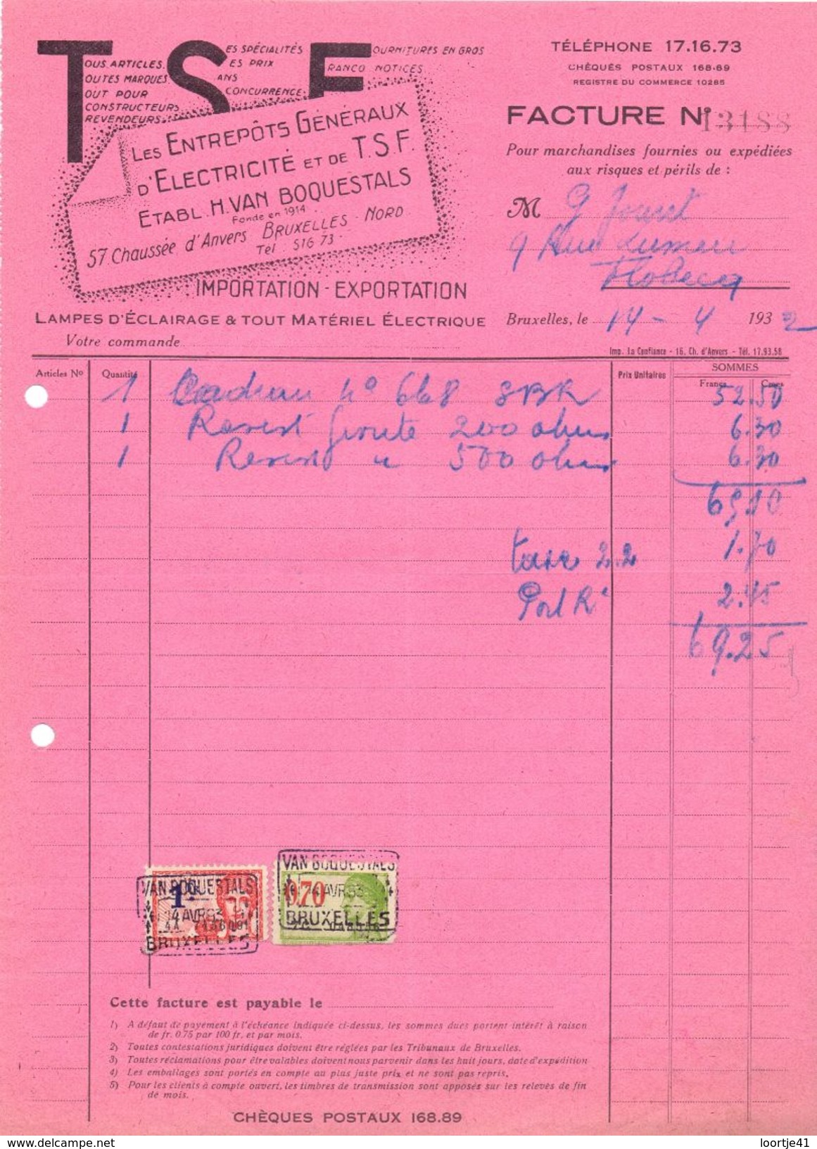 Factuur Facture - TSF électricité - Etabl. Van Boquestals - Bruxelles 1932 - Électricité & Gaz