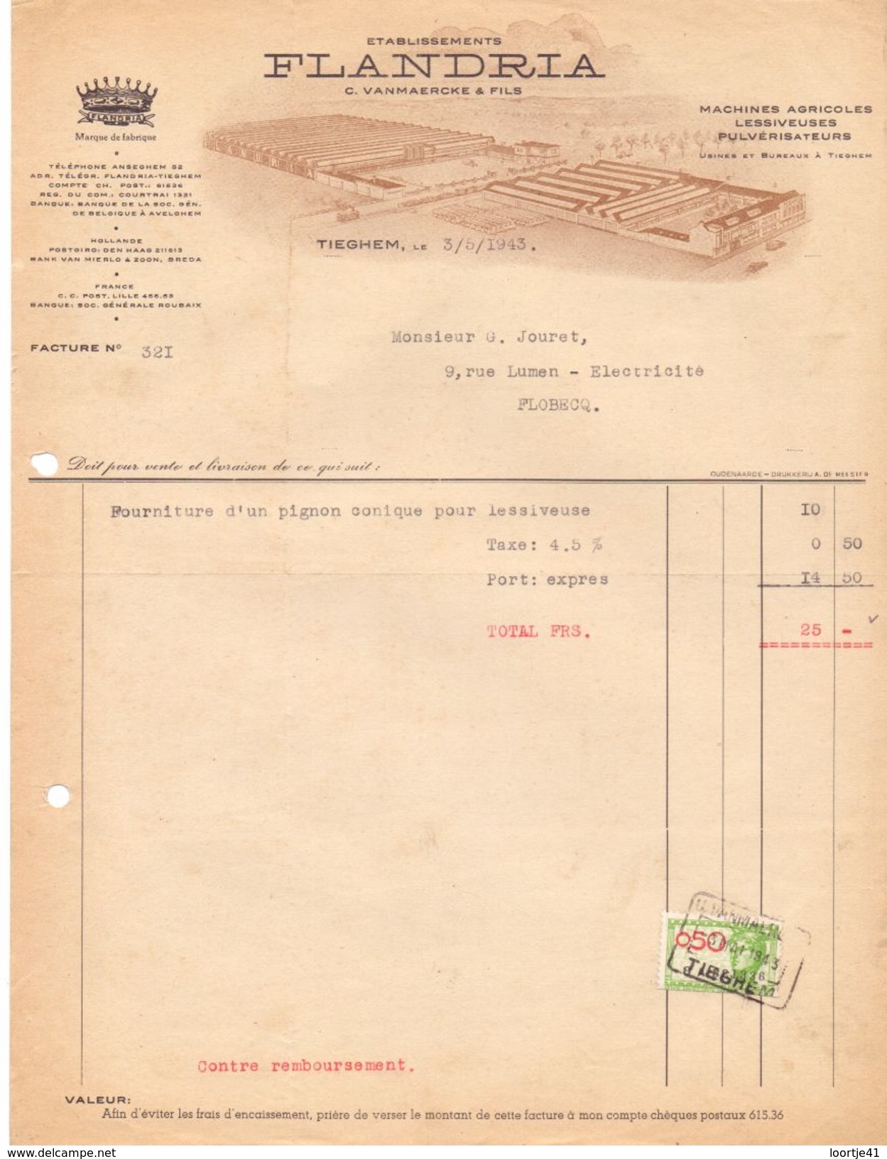 Factuur Facture - Machines Agricoles Etabl. Flandria - Vanmaercke & Fils - Tiegem 1943 - Andere & Zonder Classificatie