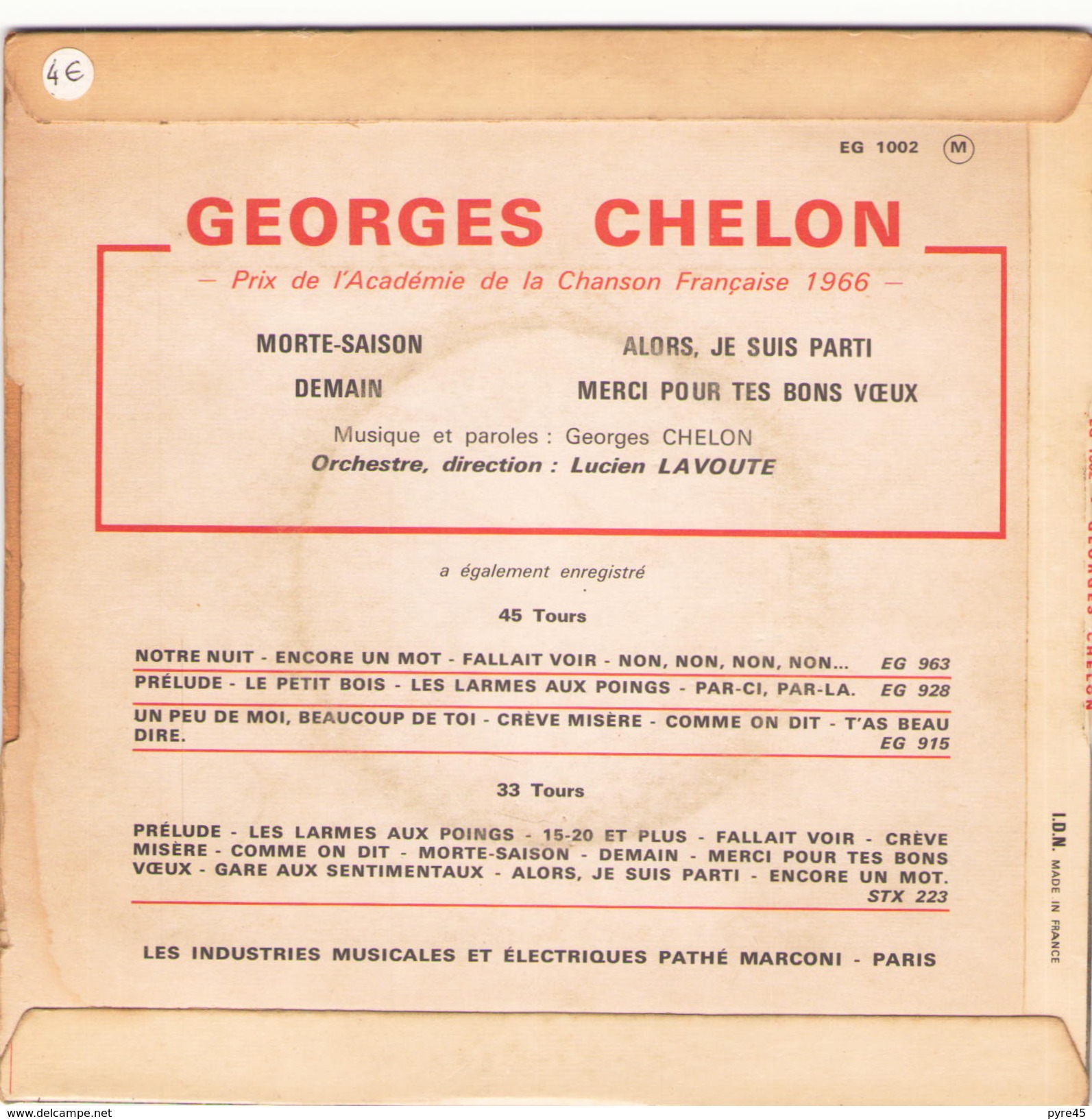 45 TOURS GEORGES CHELON PATHE EG 1002 MORTE SAISON / DEMAIN / ALORS JE SUIS PARTI / MERCI POUR TES BONS VOEUX - Sonstige - Franz. Chansons