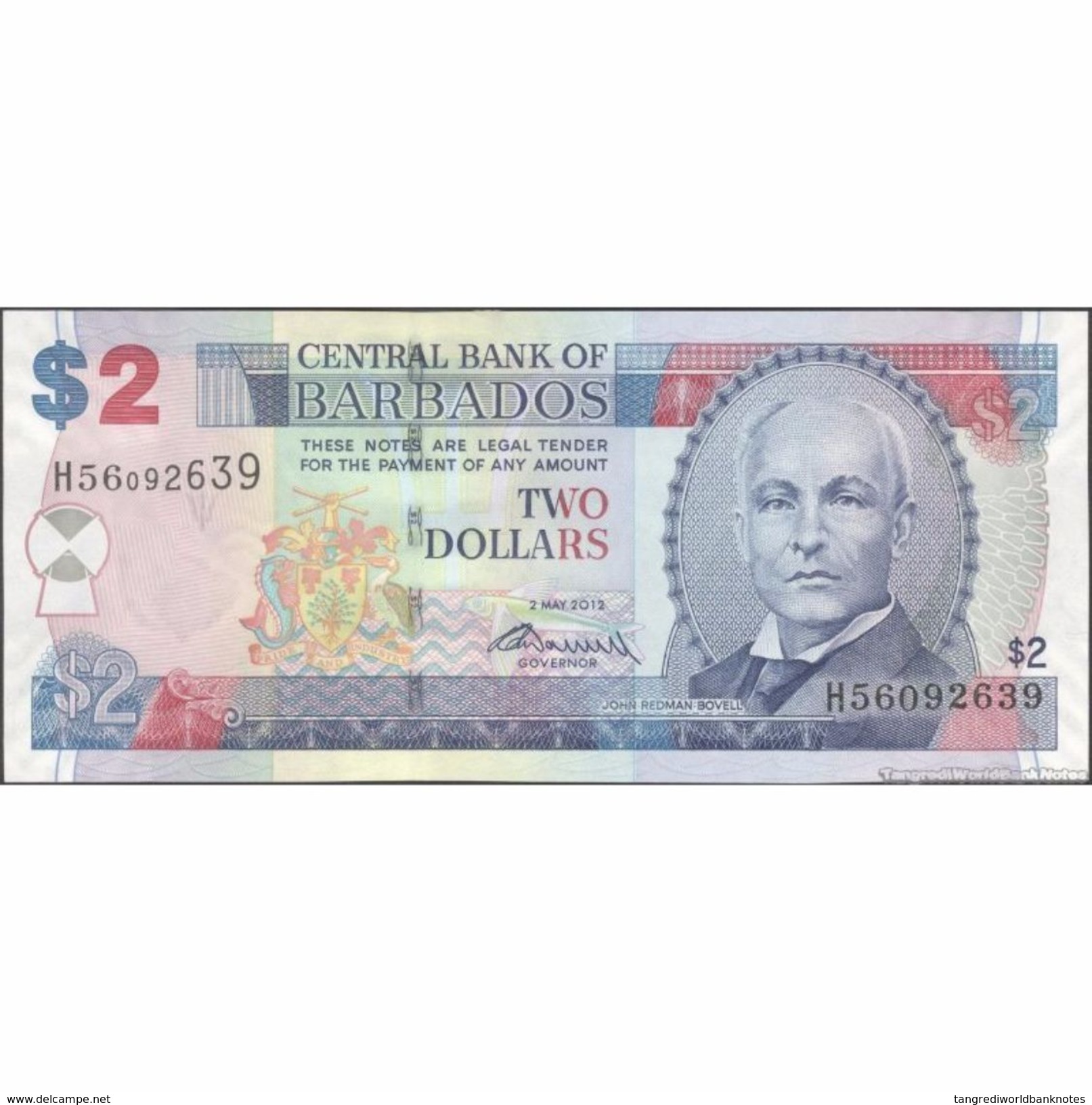 TWN - BARBADOS 66c - 2 Dollars 2.5.2012 Prefix H56 - Signature: Worrell&#xFEFF; XF/AU - Barbados (Barbuda)