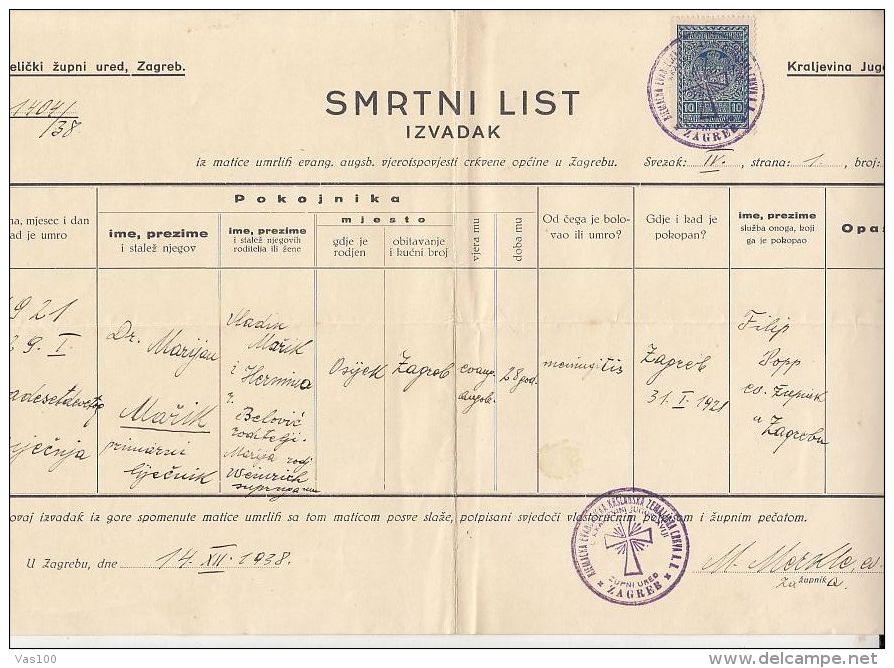 DEATH REGISTRY CERTIFICATE, REVENUE STAMP, 1938, YUGOSLAVIA - Historical Documents