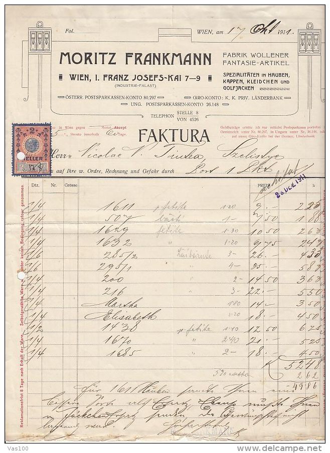 INVOICE, MORITZ FRANKMANN WOOL FACTORY, REVENUE STAMP, 1911, AUSTRIA - Oostenrijk