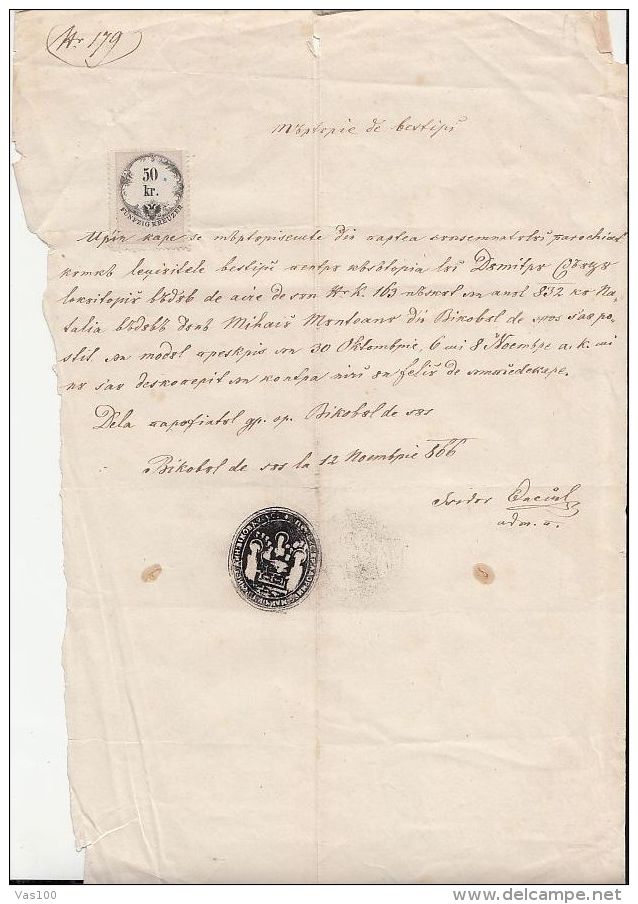 OFFICIAL DOCUMENT, VICOVUL DE SUS-BUCOVINA, REVENUE STAMP, 1866, AUSTRIA-HUNGARY - Historical Documents