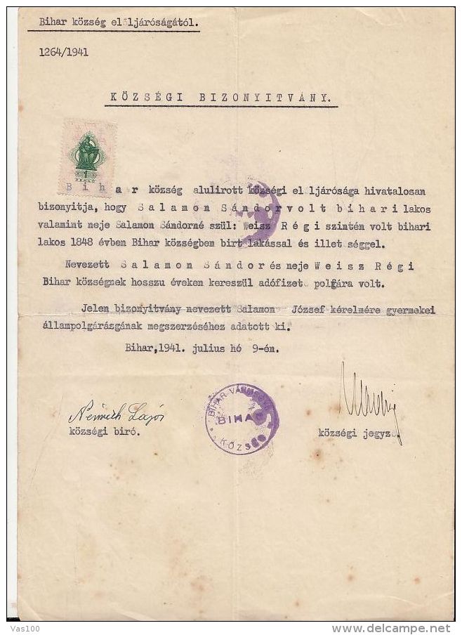 RESIDENCY CERTIFICATE, HUNGARIAN REVENUE STAMP, 1941, ROMANIA - Historical Documents