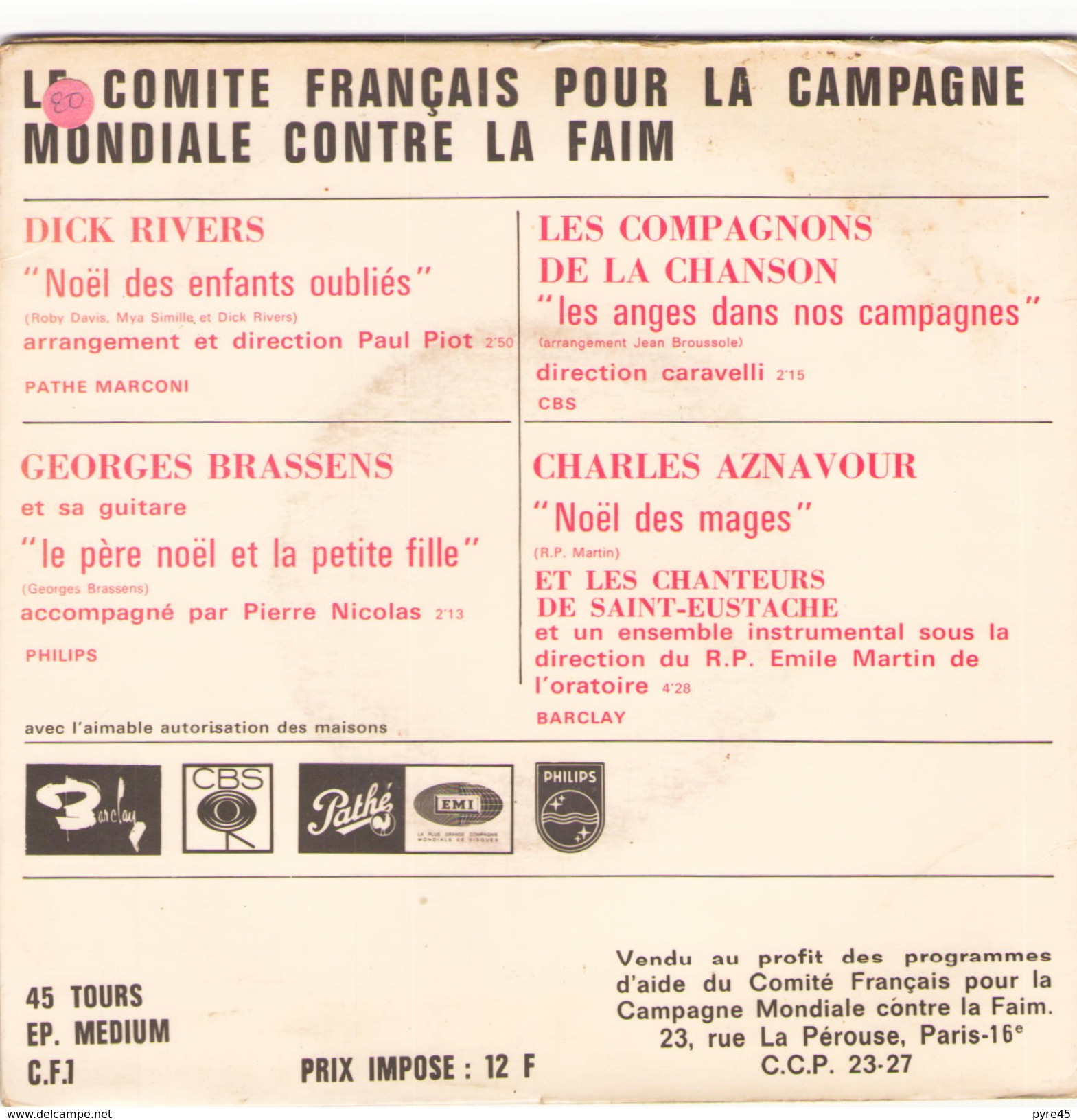 45 TOURS AZNAVOUR / BRASSENS / LES COMPAGNONS DE LA CHANSON / D. RIVERS CF NOEL - Weihnachtslieder