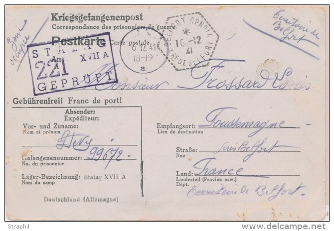 Carte De Prisonniers Du STALAG 221 (Camp De Souge) - Pr Foussemagne - 10/12/41 - TB - Lettres & Documents