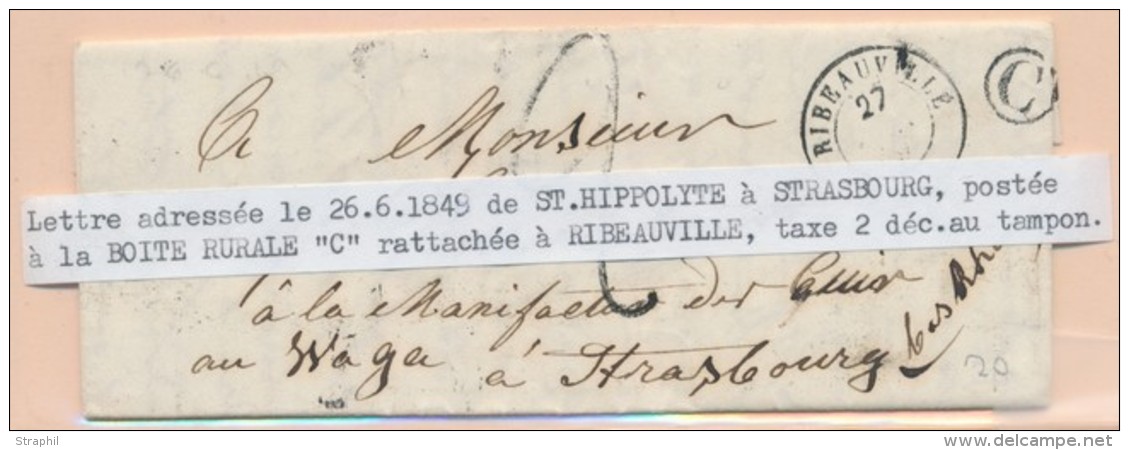 T15 Ribeauvill&eacute; (1849) + CF "C"= St Hippolyte + Taxe Tampon 2 - B/TB - Lettres & Documents