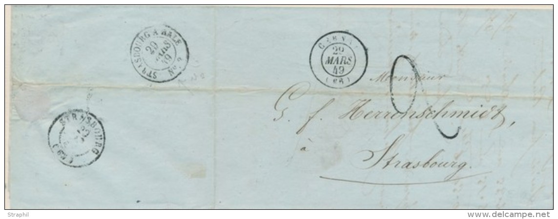 T15 Cernay - 1849 - &agrave; Strasbourg - Taxe 2 Tampon - Verso Strasbourg &agrave; B&acirc;le N&deg;1 - TB - Cartas & Documentos
