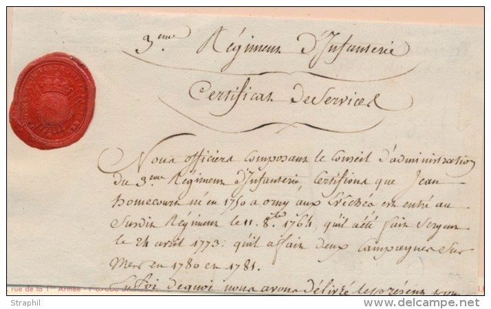 Certificat De Service Du 3&egrave;me R&eacute;gt D'Infanterie - Au Neuf-Brisach - 25/8/1791 - Superbe Cachet De Cire Rge - Lettres & Documents