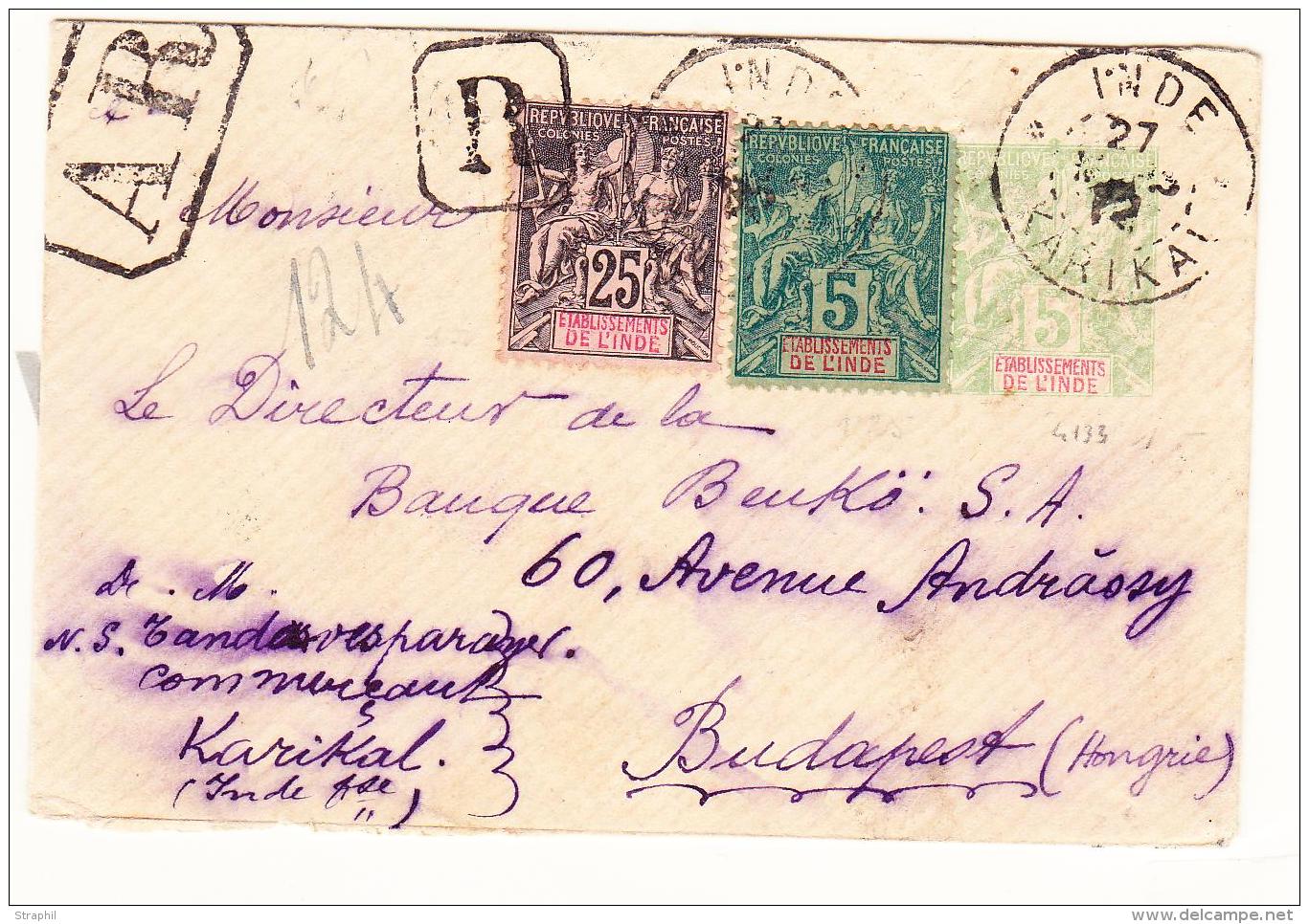ENTIERS POSTAUX N&deg;4, 8 - Obl KARIKAL - 27/3/1912 - S/recom. - Pr Budapest B/TB - Autres & Non Classés