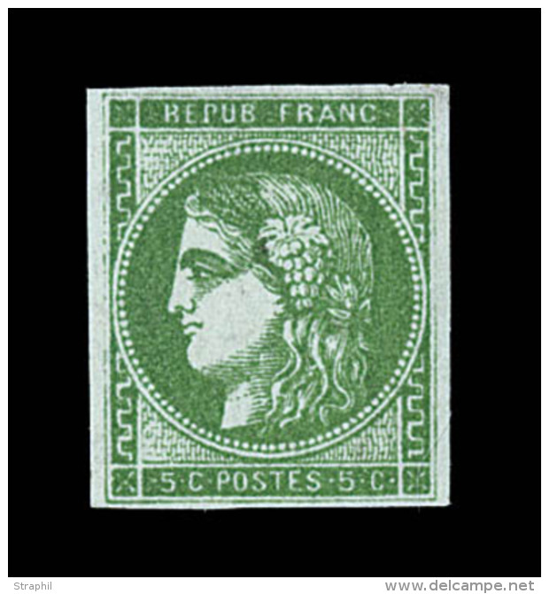 N&deg;42Ba - 5c Vert Jaune Fonc&eacute; - R2 - Bde De 5 - Obl. GC 55 - Pli S/3&deg; T. - Sinon TB - 1870 Bordeaux Printing