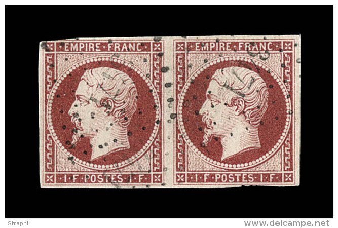 N&deg;18 - 1F Carmin - Paire - Obl. PC 3471 - 1er T. Effleur&eacute; En Angle - Le 2&deg; Pt De Pelurage - Grande Fra&ic - 1853-1860 Napoléon III