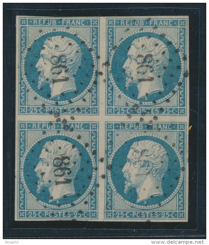 N&deg;10 - 25c Bleu - Bloc De 4 - Sign&eacute; Roumet - Pelurage S/1 Ex Et Fente En Marge - Asp. TB - 1852 Louis-Napoléon