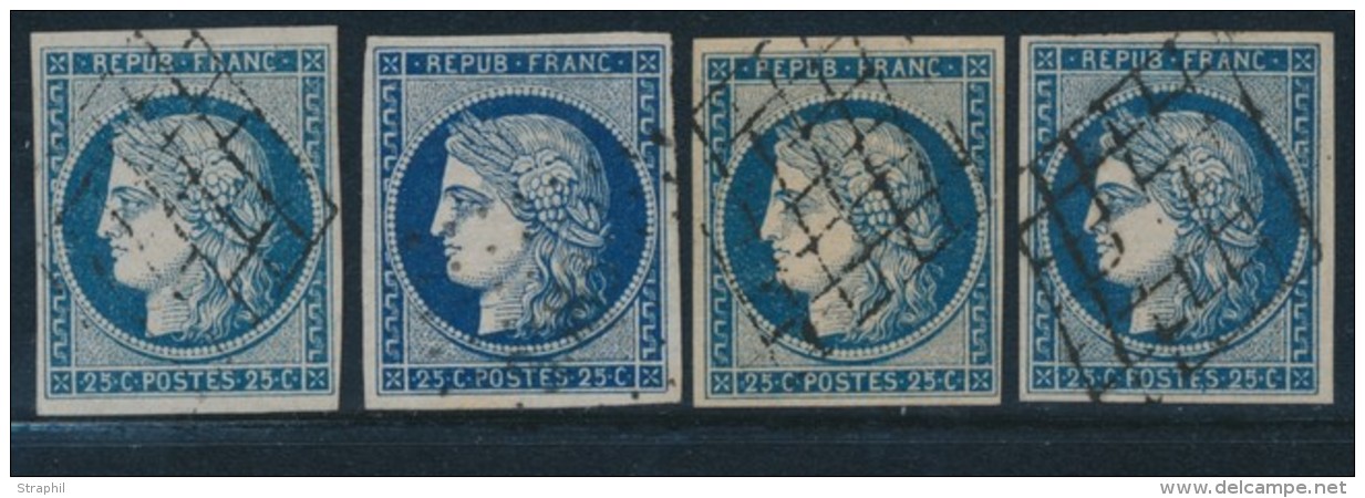 N&deg;4a (x4 Ex) - Ts Bleu Fonc&eacute; - 3 Obl. Grille 1 PC - TB - 1849-1850 Cérès