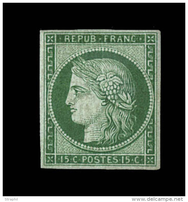 N&deg;2b - 15c Vert Tr&egrave;s Fonc&eacute; - R&eacute;par&eacute; - Asp. Sup. Sign&eacute; - 1849-1850 Cérès