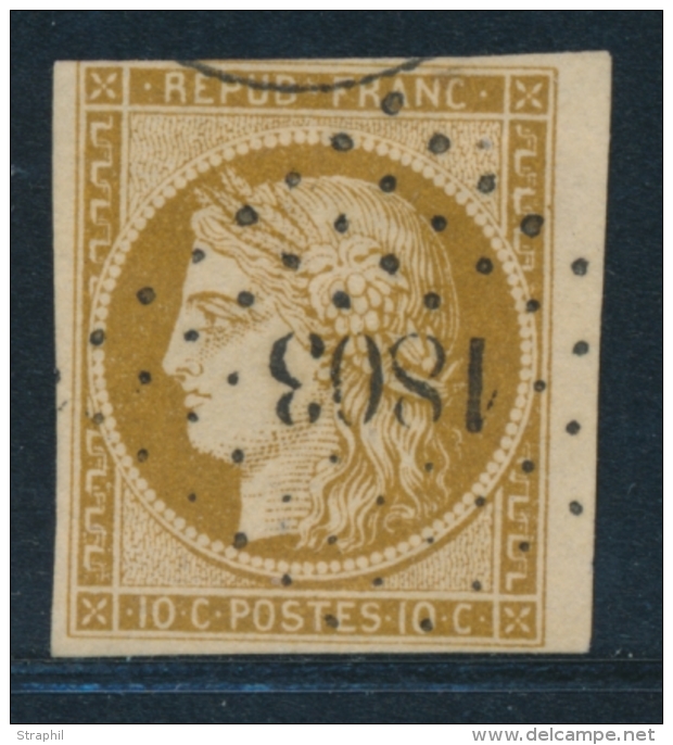 N&deg;1b - BDF - Bistre Verd&acirc;tre - Obl. PC 1803 - 1 Filet En Biseau - 1849-1850 Cérès