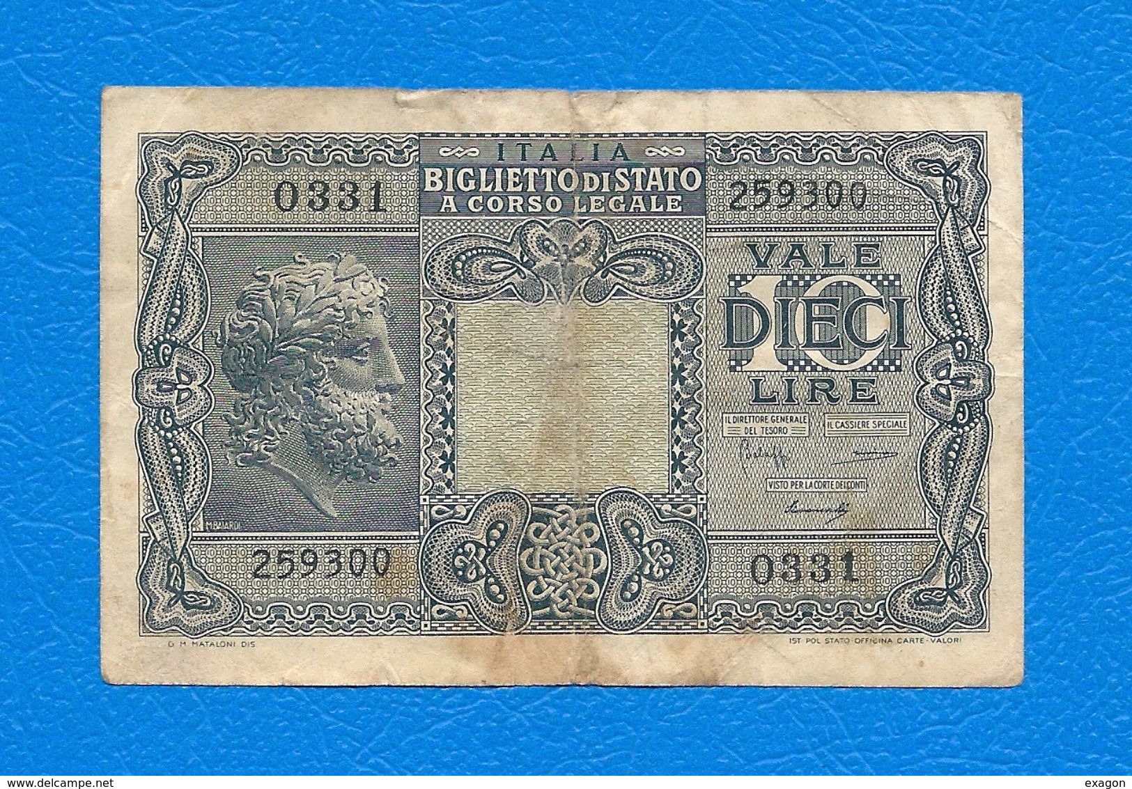 10 Lire  GIOVE  - Luogotenenza Biglietti Di Stato -1944 - Firme: Bolaffi / Simoneschi / Giovinco. - Italië– 5 Lire