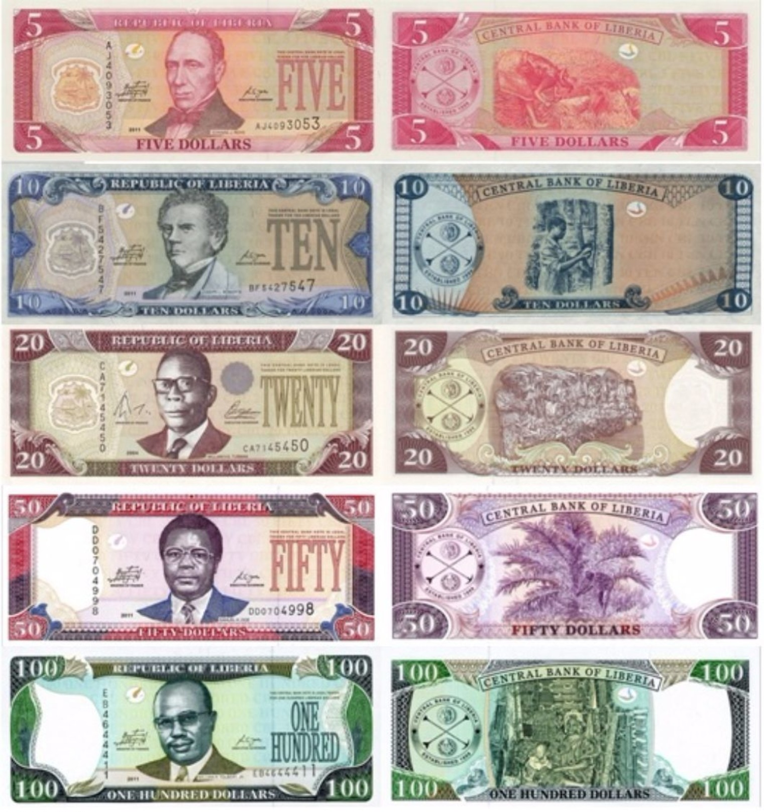 LIBERIA 5 10 20 50 100 Dollars Complete Set 2004-11 P 26 - 30 UNC - Liberia