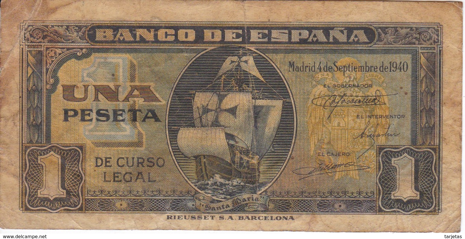 BILLETE DE ESPAÑA DE 1 PTA DEL 4/09/1940 SERIE C (BANKNOTE) CARAVELA - 1-2 Pesetas