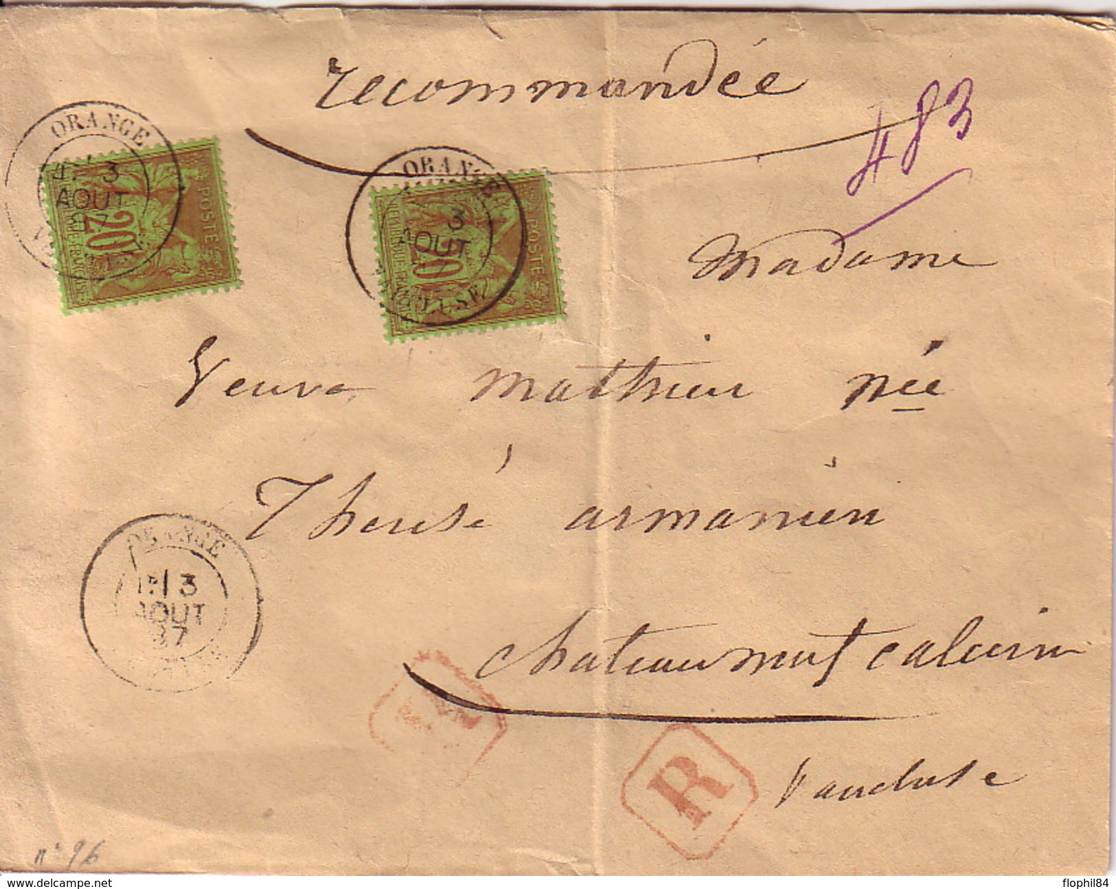 VAUCLUSE - ORANGE - SAGE - LETTRE RECOMMANDEE AVEC 2x20c N°96 - LETTRE DU 3 AOUT 1887 - CACHET DE CIRE AU VERSO. - Postal Rates