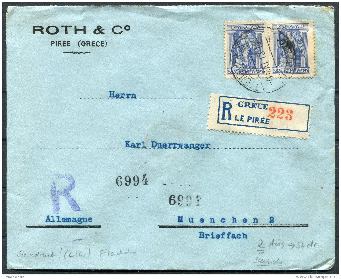 1913 Greece Roth &amp; Co. Piree Piraeus Registered Cover - Munchen, Germany - Covers & Documents