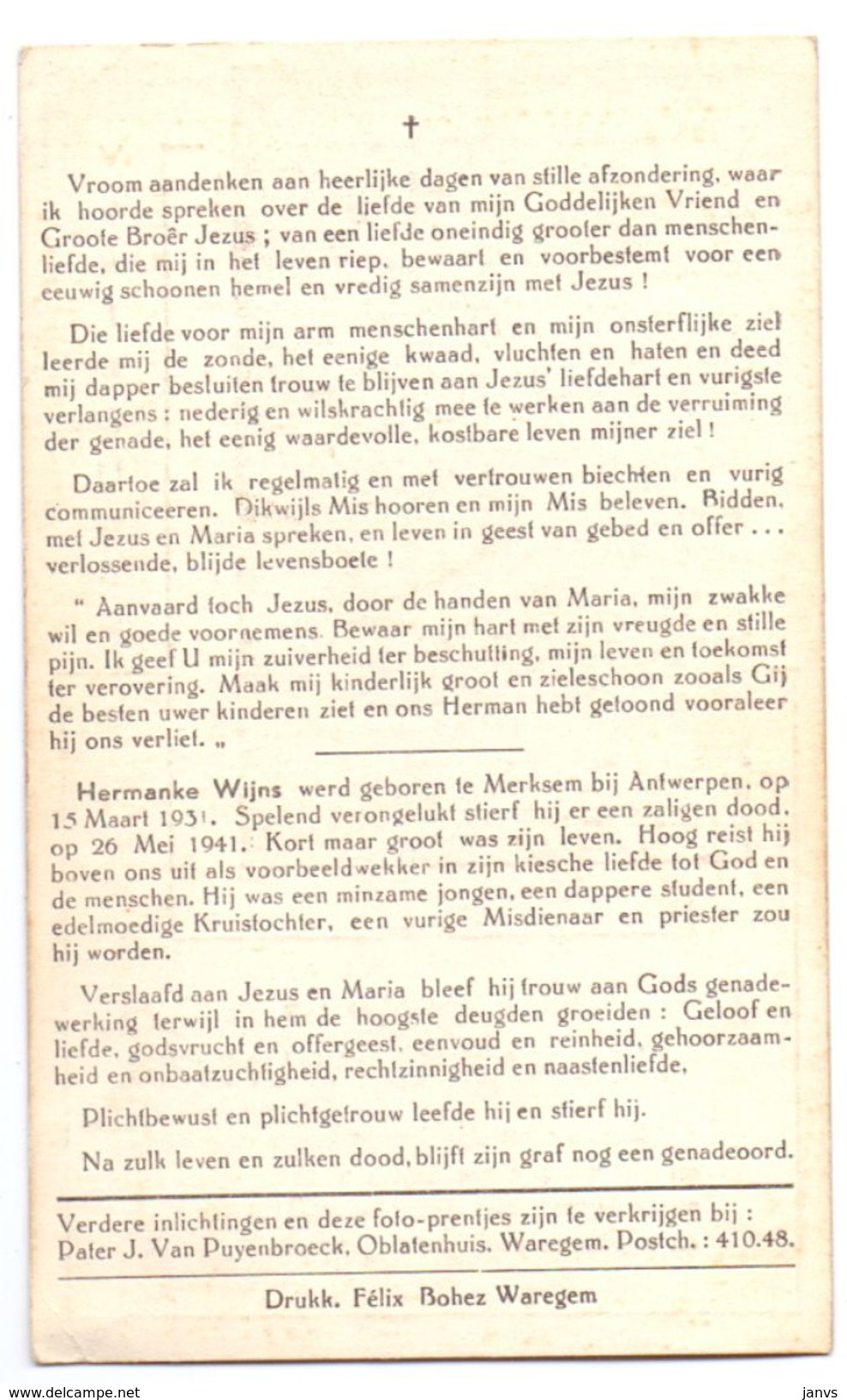 Devotie - Devotion - Hermanke Wijns - Merksem 1931 - Spelend Verongelukt 1941 - Druk. Bohez Waregem - Avvisi Di Necrologio