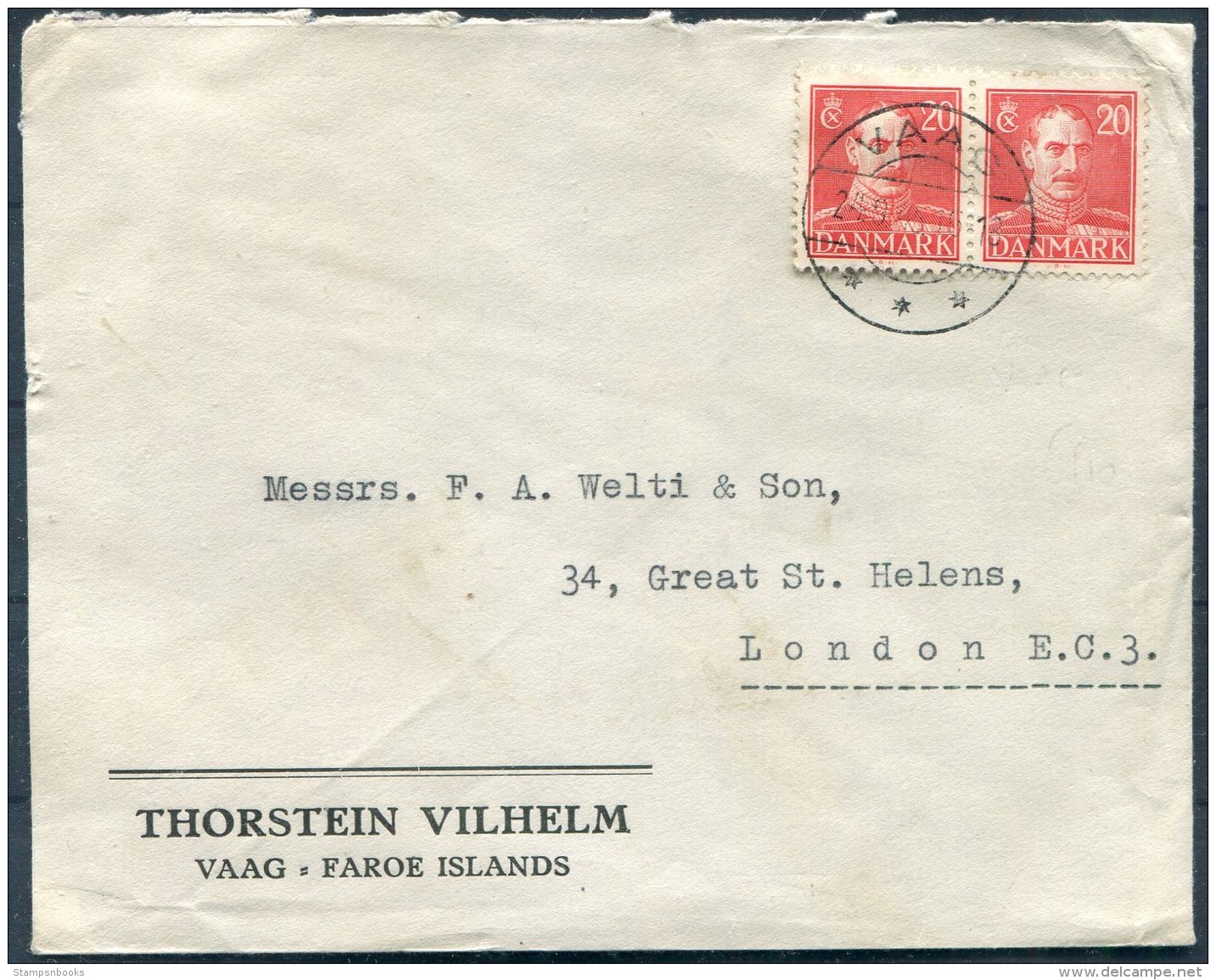 1945 Faroe Islands Thorstein Vilhelm VAAG Cover - London - Faroe Islands