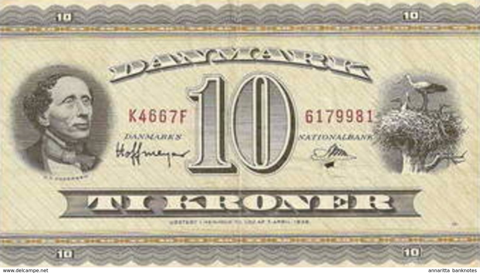 DENMARK 10 KRONER 1954 P-44a F/VF S/N 6179981 [DK914a] - Denemarken