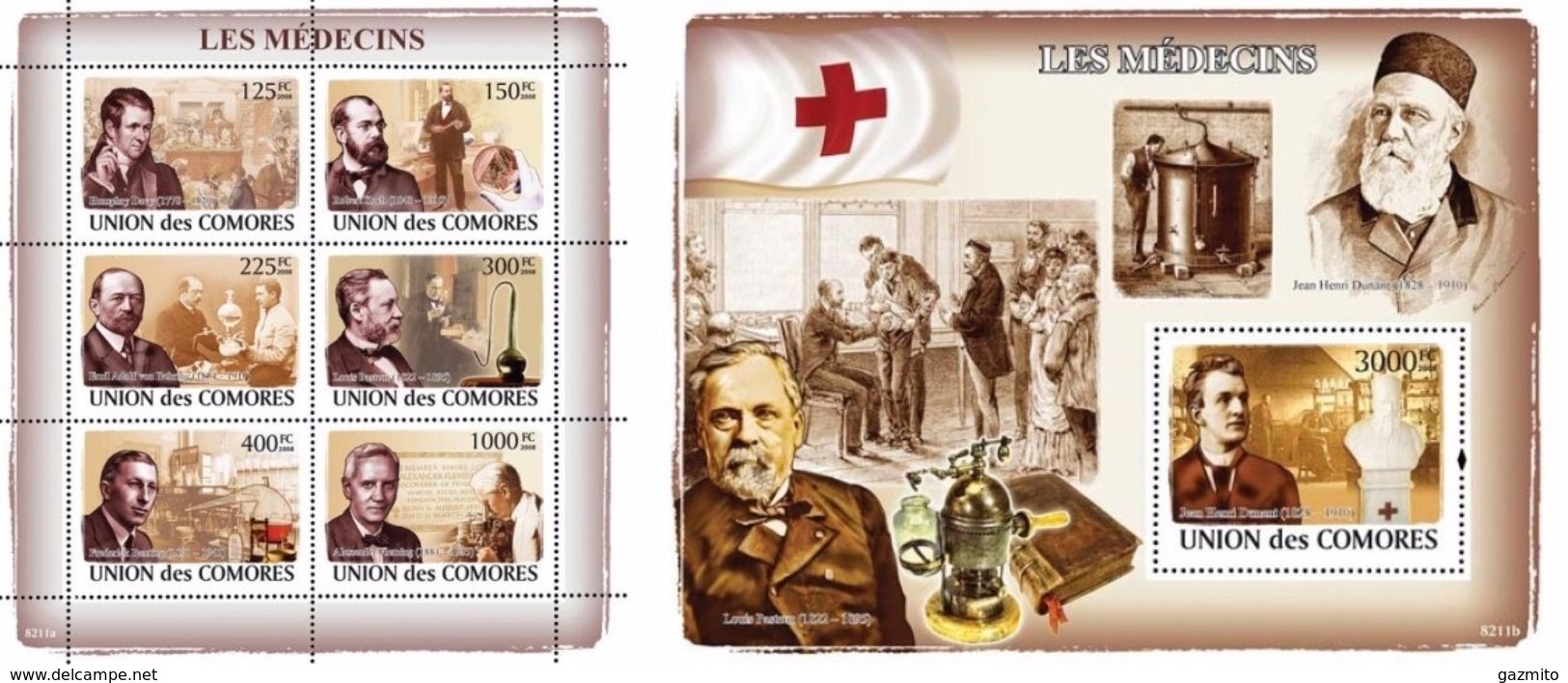 Comores 2008, Famous Doctors, Red Cross, Dunant, 6val In BF+BF - Henry Dunant