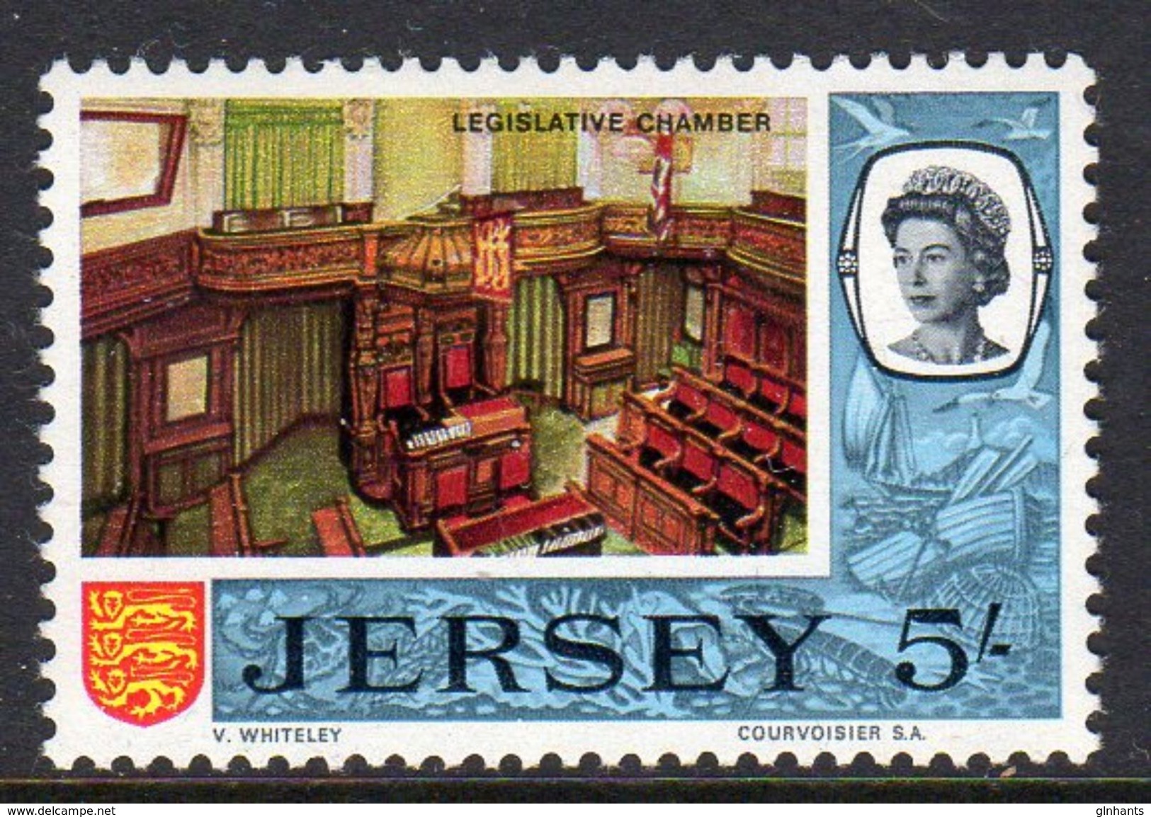 GB JERSEY - 1969 DEFINITIVE 5/- LEGISLATIVE CHAMBER STAMP SG 27 FINE MNH ** - Jersey