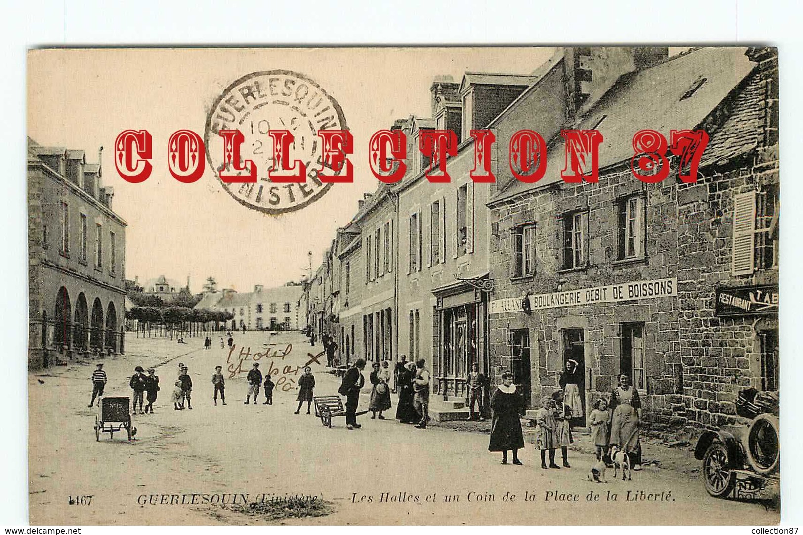 29 - GUERLESQUIN - CARTE AUTHENTIQUE VOYAGEE 1921 < BOULANGERIE CAFE ALLANDE Au COIN De La PLACE De La LIBERTE - Guerlesquin