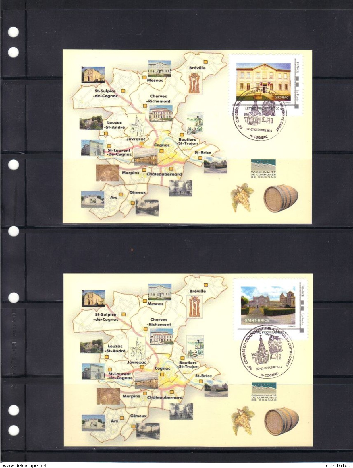 14 cartes avec timbres "collectors" différents de la communauté de communes de Cognac, 2011.