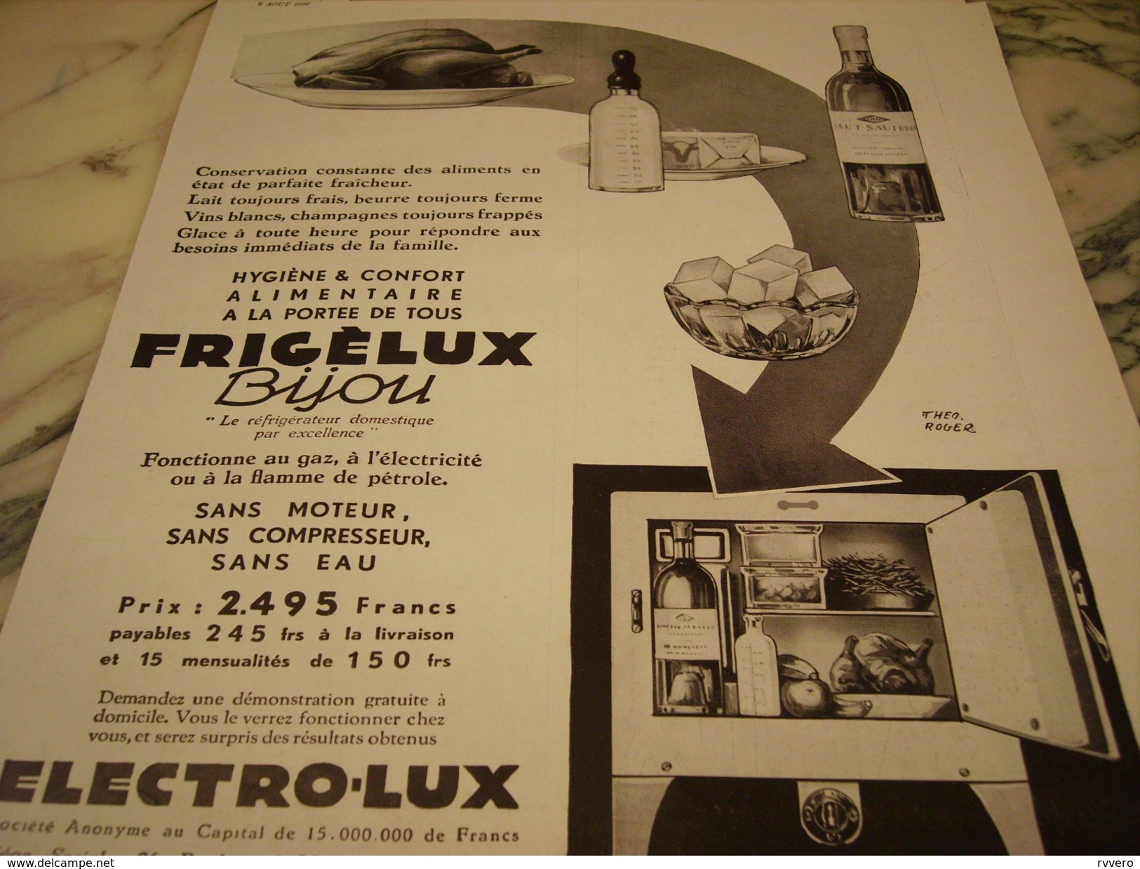 ANCIENNE PUBLICITE FRIGELUX BIJOU DE ELECTRO-LUX 1932 - Autres & Non Classés