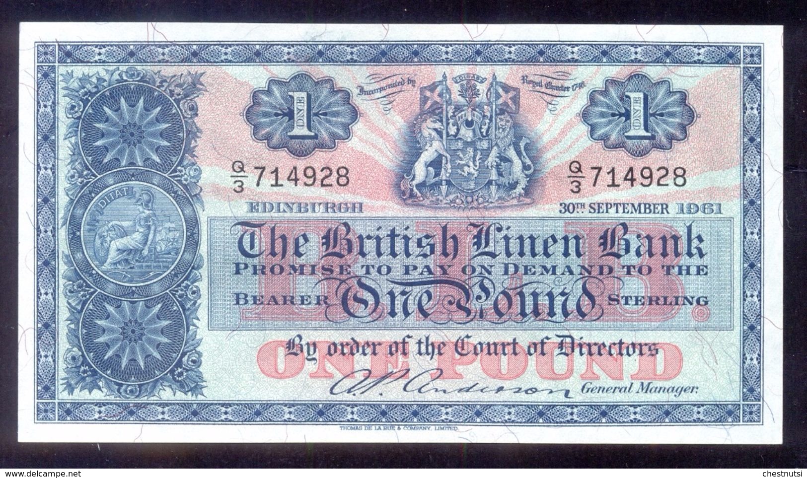 UK Great Britain Scotland BRITISH LINEN BANK 1 Pound 1961 P62 UNC - 1 Pound