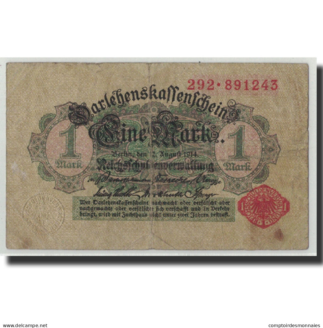 Billet, Allemagne, 1 Mark, 1914, 1914-08-12, KM:51, B - Imperial Debt Administration