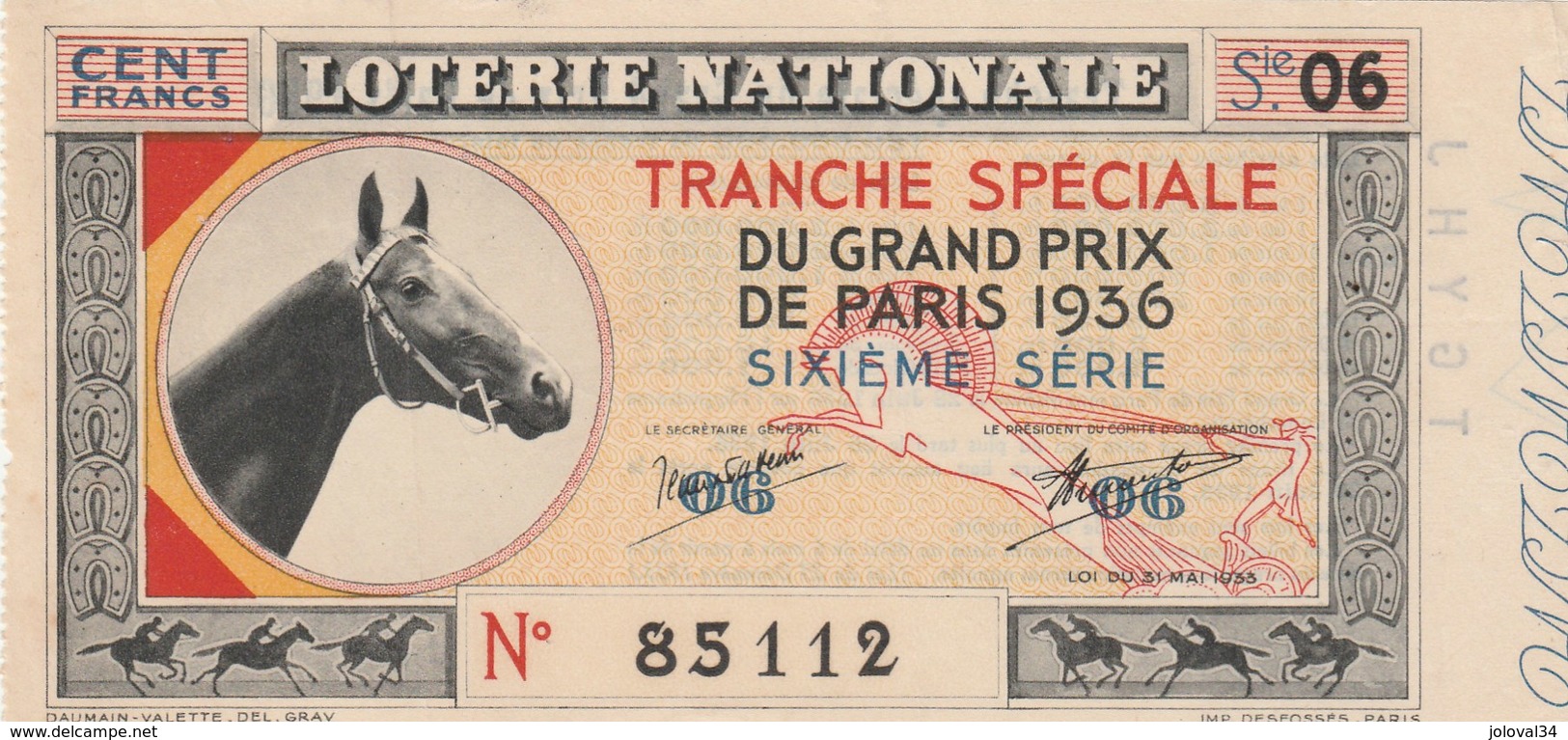 Billet Loterie Nationale  Entier - Tranche Spéciale Grand Prix De Paris 1936 Sixième Série - Cheval - Billets De Loterie