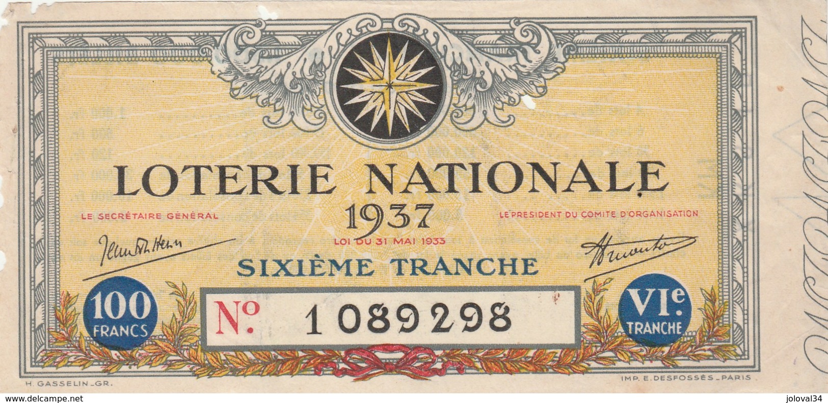 Billet Loterie Nationale Entier -sixième Tranche 1937 - Trous Voir Scan - Billets De Loterie
