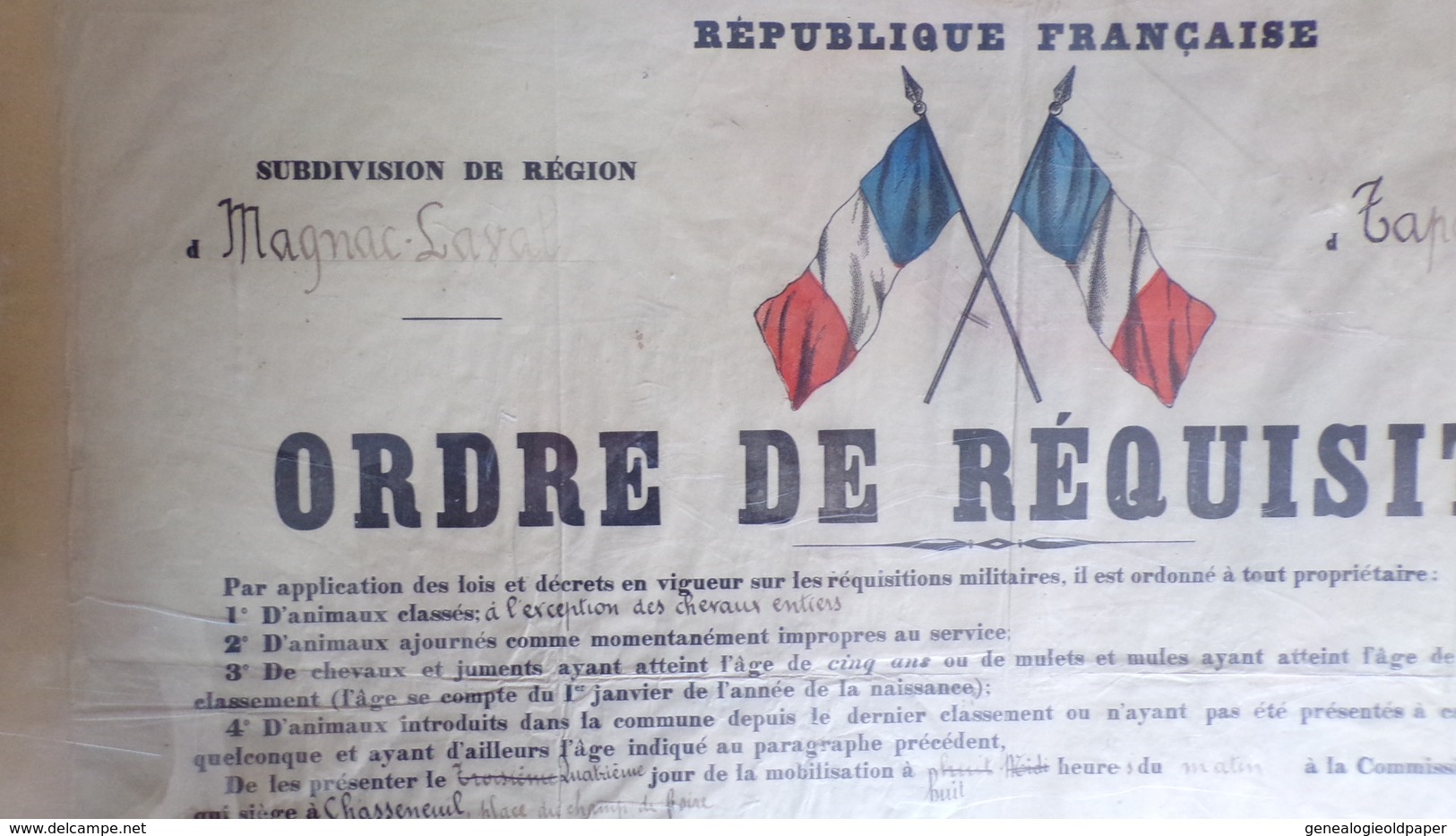 87 -MAGNAC LAVAL -TAPONNAT FLEURIGNAC-AFFICHE ORDRE REQUISITION ANIMAUX - CHASSENEUIL PLACE CHAMP DE FOIRE -1909-GUERRE - Historical Documents