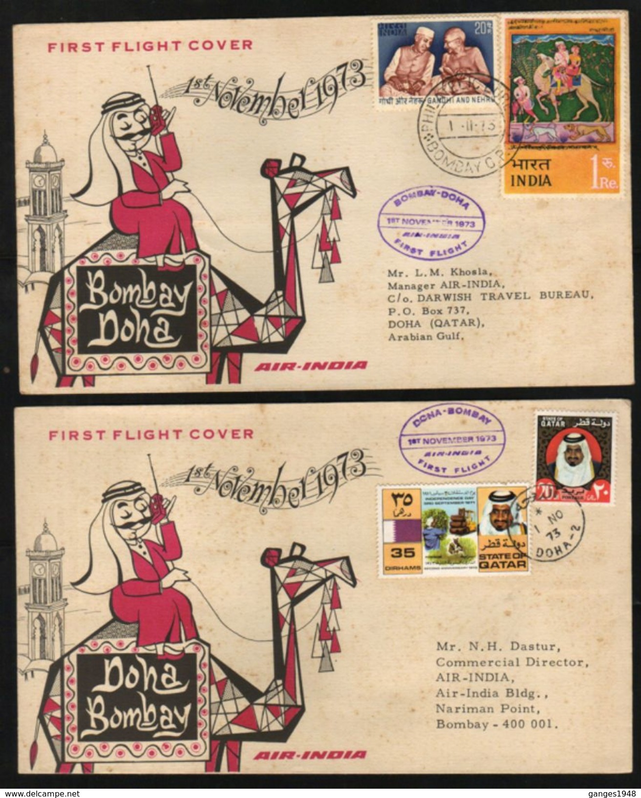 India   1973   QATAR   Bombay - Doha & Doha - Bombay  2  First Flight Covers   #  90557  Inde Indien - Qatar