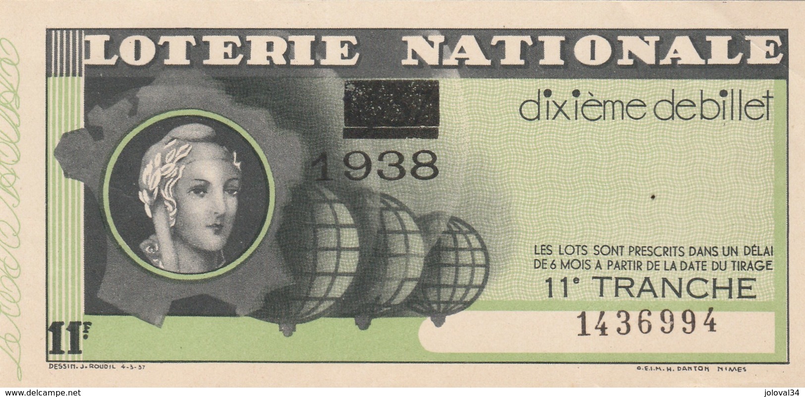 Billet Loterie Nationale Dixième - Onzième Tranche 1938 - Billets De Loterie
