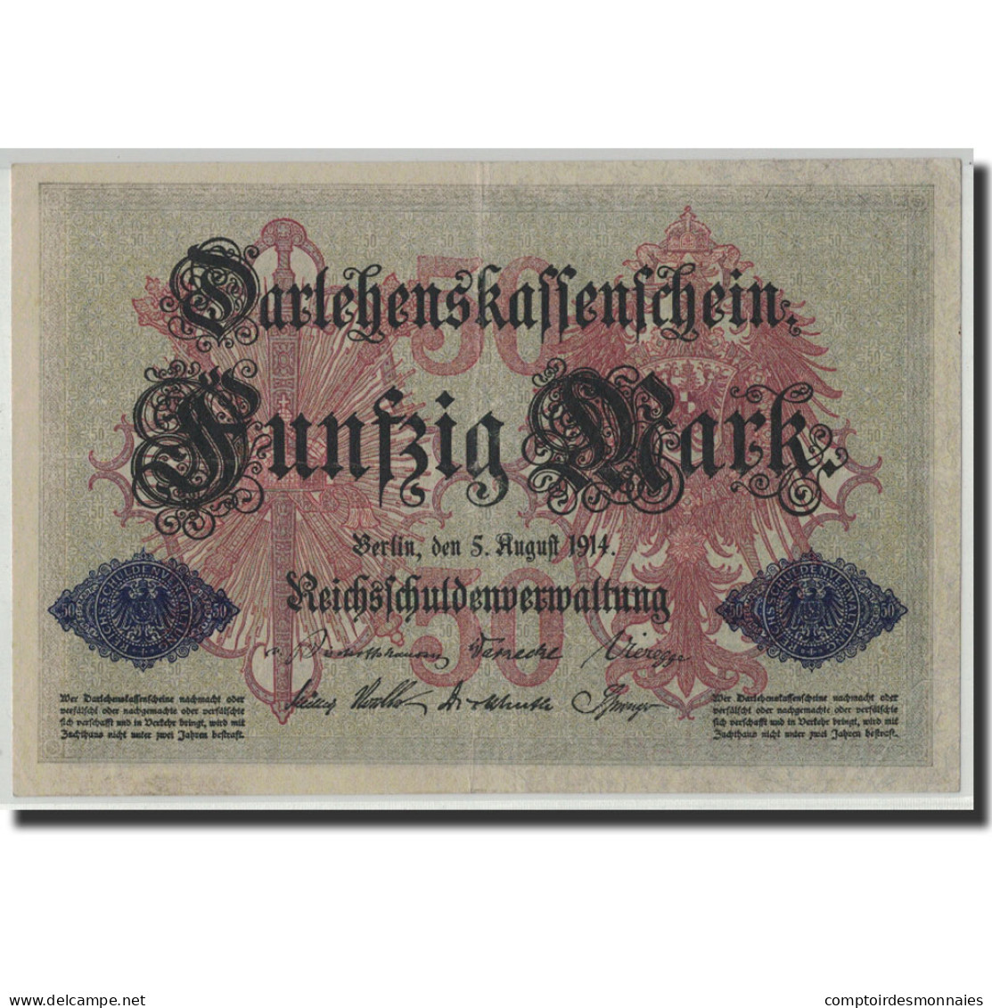 Billet, Allemagne, 50 Mark, 1914, 1914-08-05, KM:49b, TTB+ - Imperial Debt Administration
