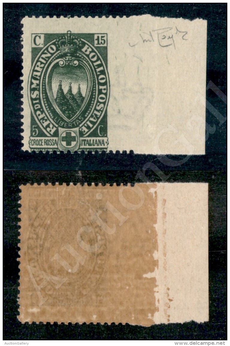 1923 - 15 Cent Croce Rossa (92a) Non Dentellato A Destra - Gomma Integra - Cert. Raybaudi (1.275) - Otros & Sin Clasificación