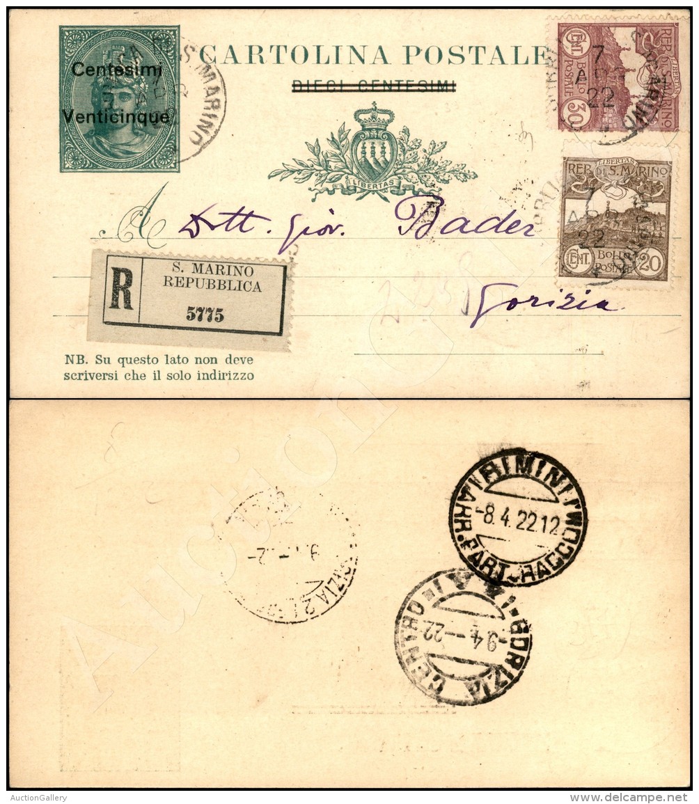 25 Cent Su 10 (7 - Cartoline Postali) + Complementari Veduta (73 + 75) - Raccomandata Per Gorizia Del 7.4.22 - Other & Unclassified