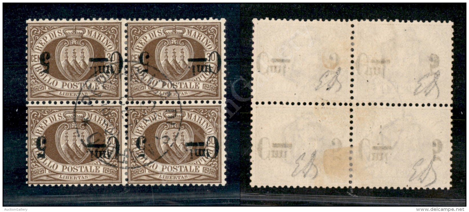 1892 - 5 Cent Su 30 (9a) In Quartina Con Soprastampe Capovolte - Annullamento Originale (900+) - Other & Unclassified