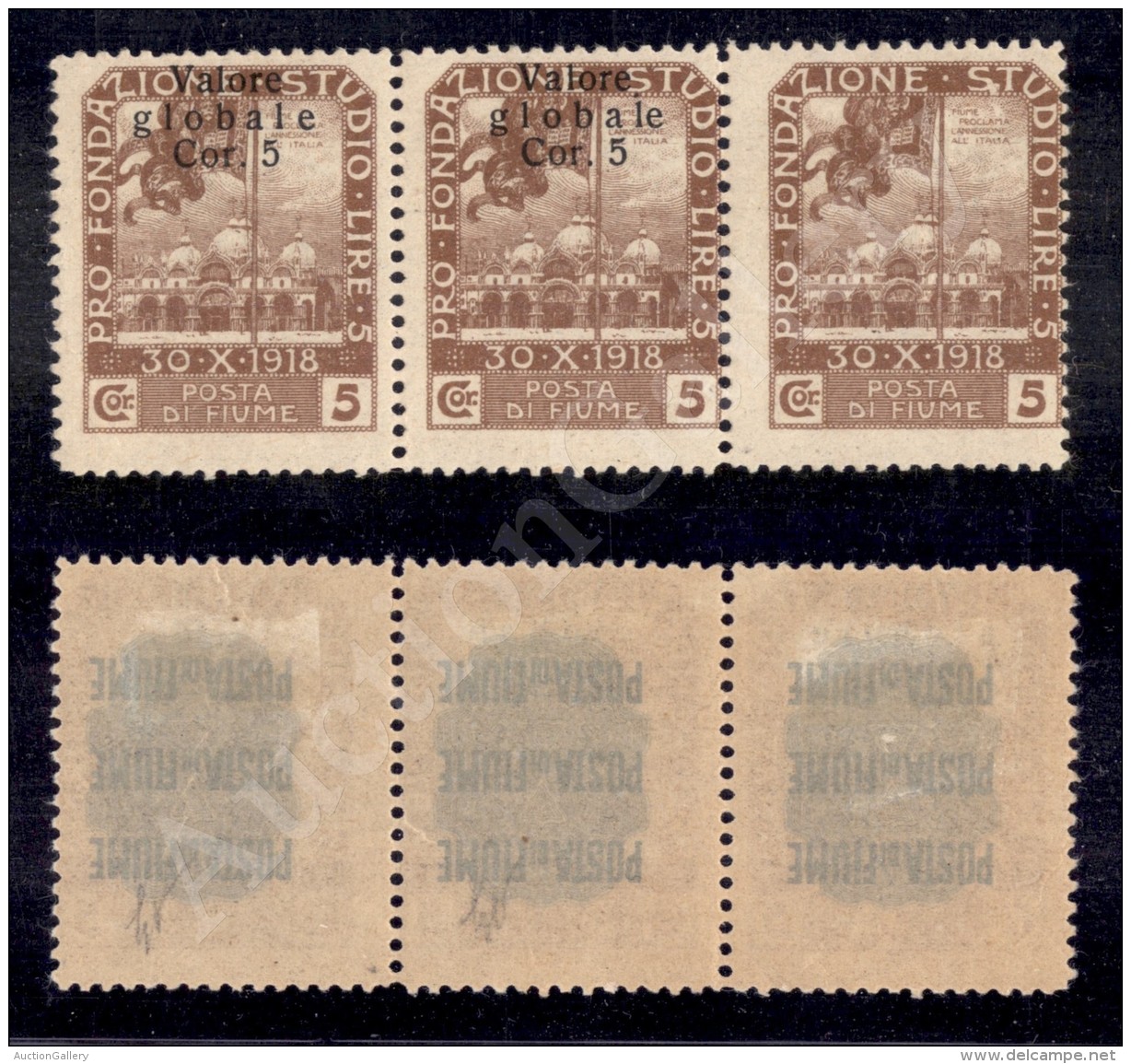 1919 - 5 Corone Su 5 (98) - Strisca Orizzontale Di Tre - Due  Con Soprastampa Spostata In Alto + Uno Non... - Sonstige & Ohne Zuordnung