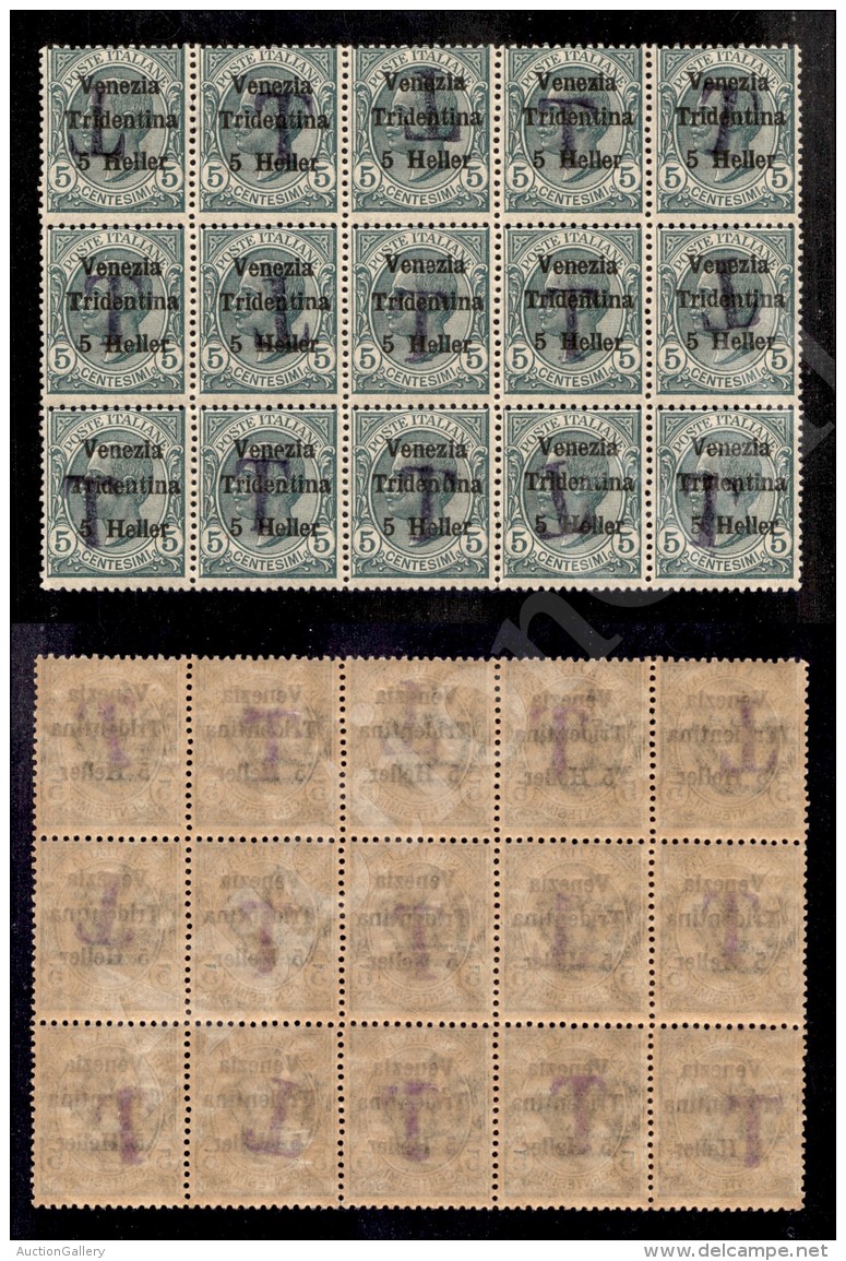 Bolzano 1 - 1918 - 5 Heller Su 5 Cent (BZ1/5+BZ1/5a) - Blocco Di Quindici - 5 Pezzi Con T Capovolta - Gomma Integra... - Otros & Sin Clasificación