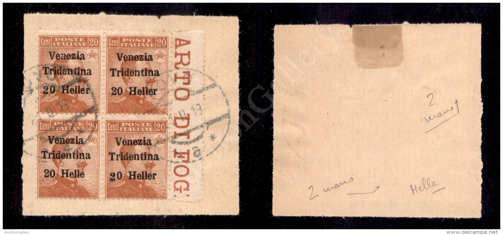 1918 - 20 Heller Su 20 Cent (30c/30/30d/30e) In Quartina Bordo Foglio Su Frammento - Due Pezzi Con Cifra Apposta A... - Sonstige & Ohne Zuordnung