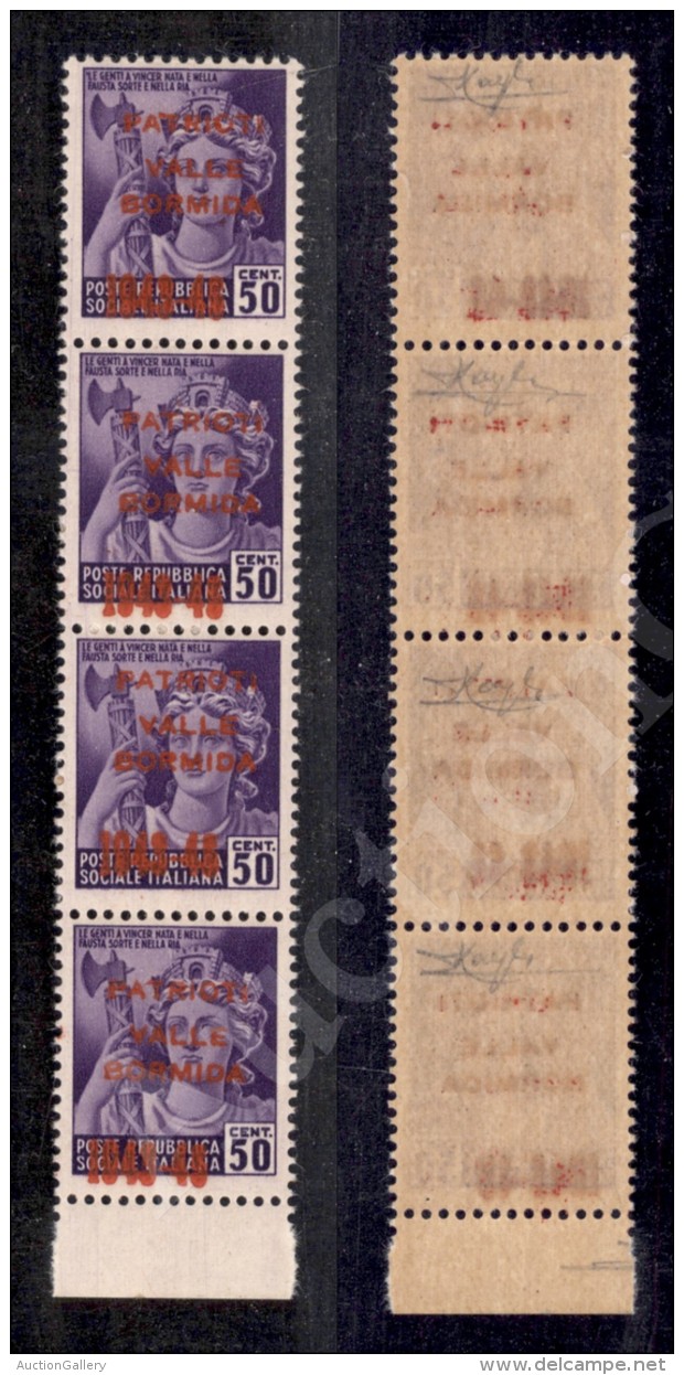 1945 - Striscia Verticale Di Quattro Bordo Foglio Del 50 Cent (5A) Con Soprastampe In Vermiglio Tutte Con Diverse... - Other & Unclassified