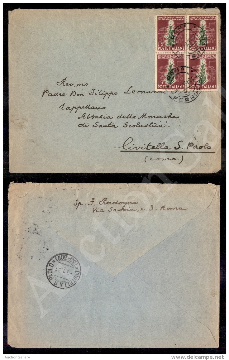 5 Lire Tabacco (629) In Quartina Su Busta Viaggiata Da Roma A Civitella Del 4.1.51 - Otros & Sin Clasificación